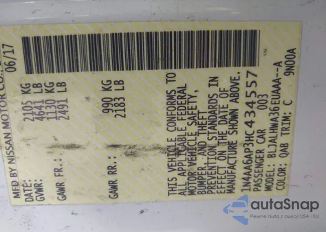 2017 Nissan Maxima 3.5 Platinum z USA, uszkodzony, nr VIN 1N4AA6AP3HC434557